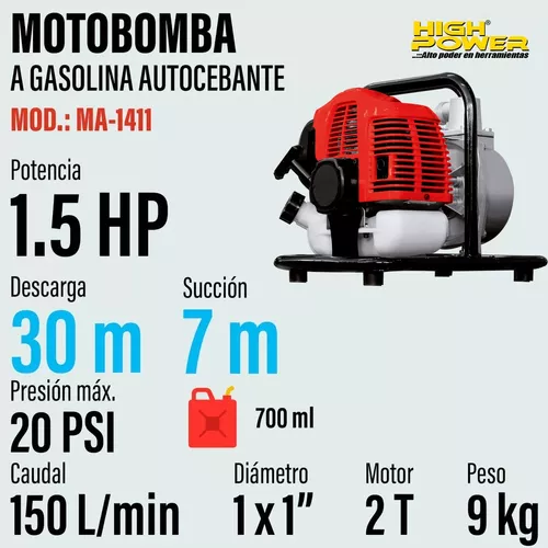 HIGMA1411 MOTOBOMBA A GASOLINA AUTOCEBANTE 1X1 2 TIEMPOS HIGH POWER